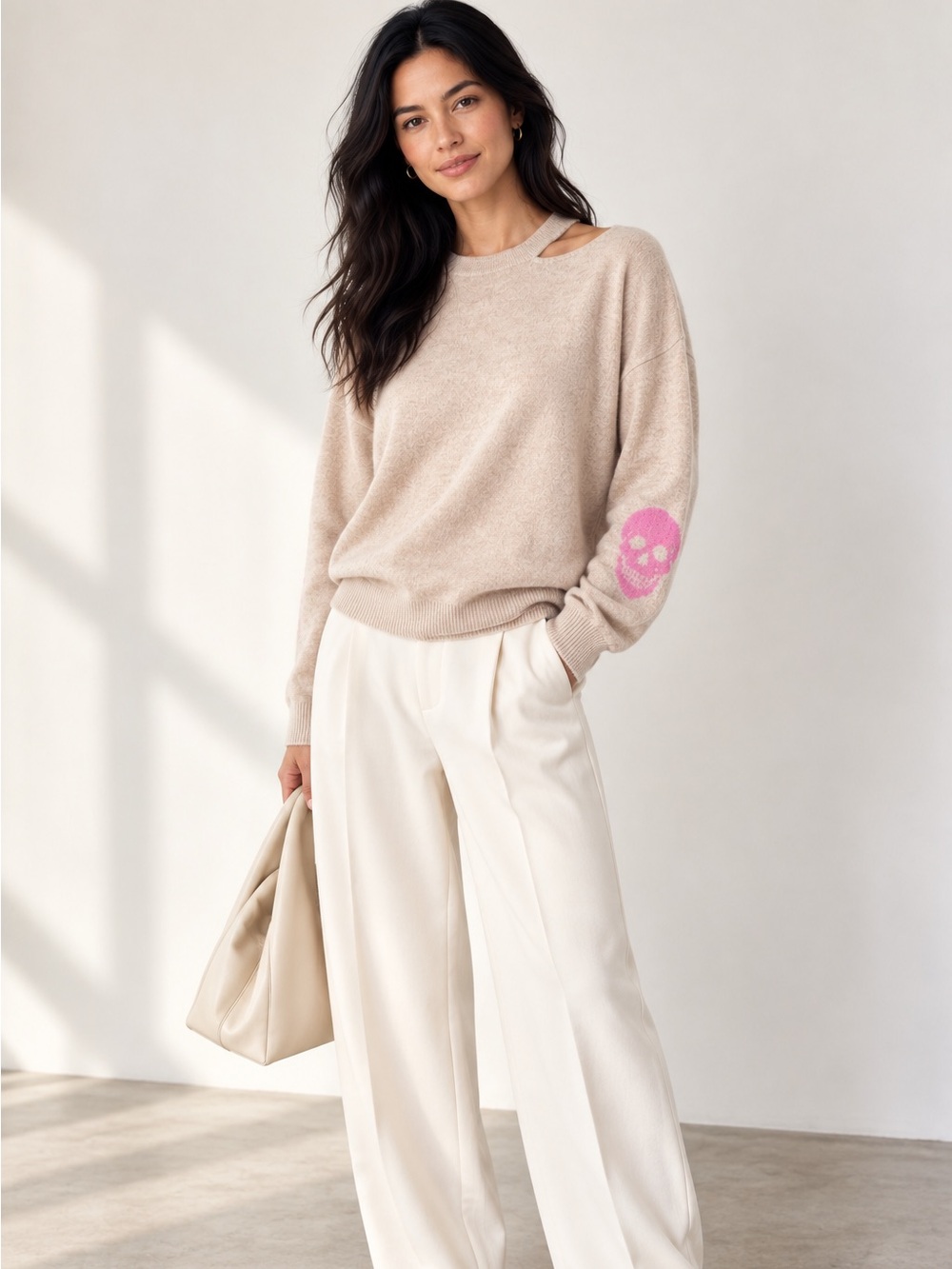360Cashmere 100% Cashmere Skull Cutout Sweater Oatmeal Pink Size Large